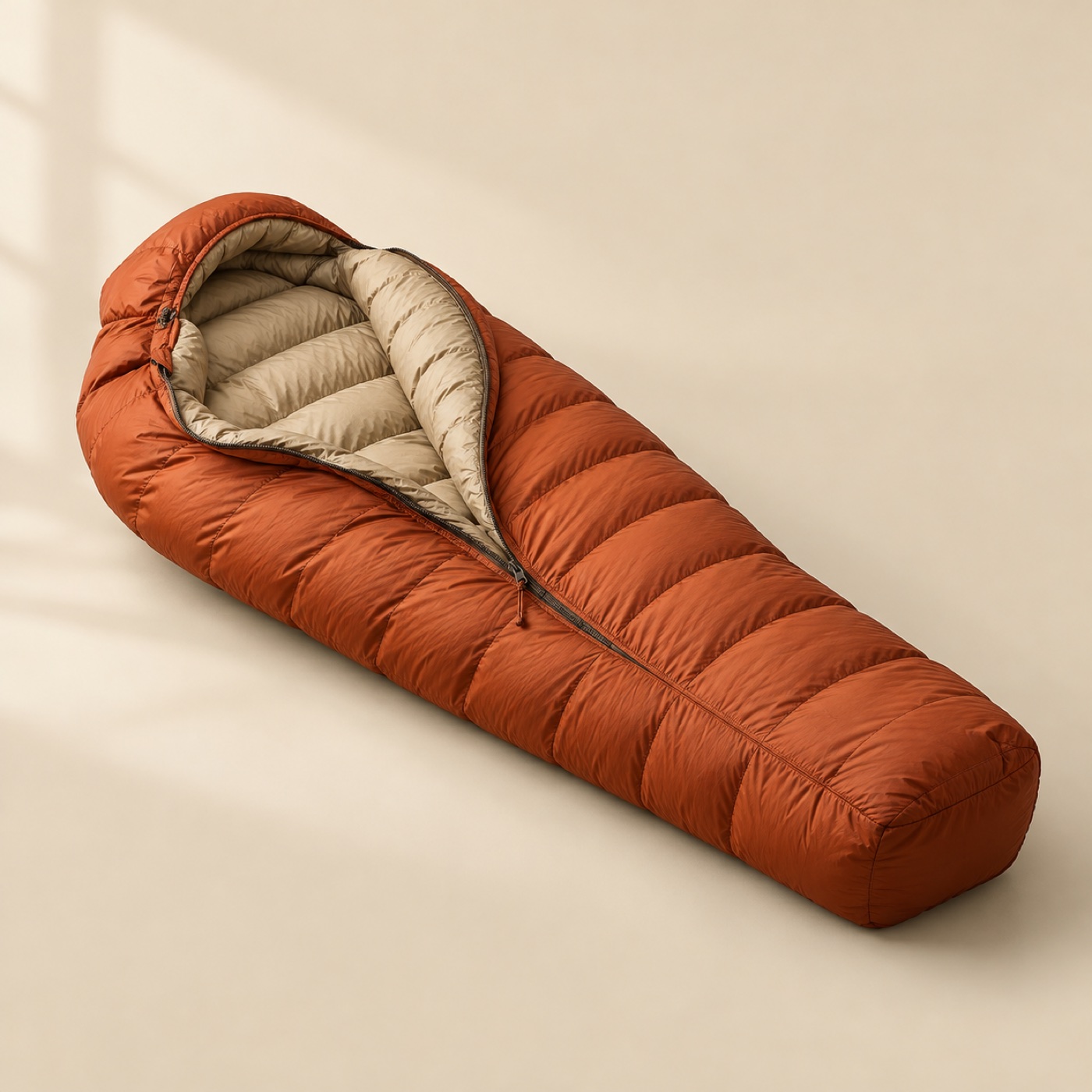 Emberline down sleeping bag in rust orange with sand lining