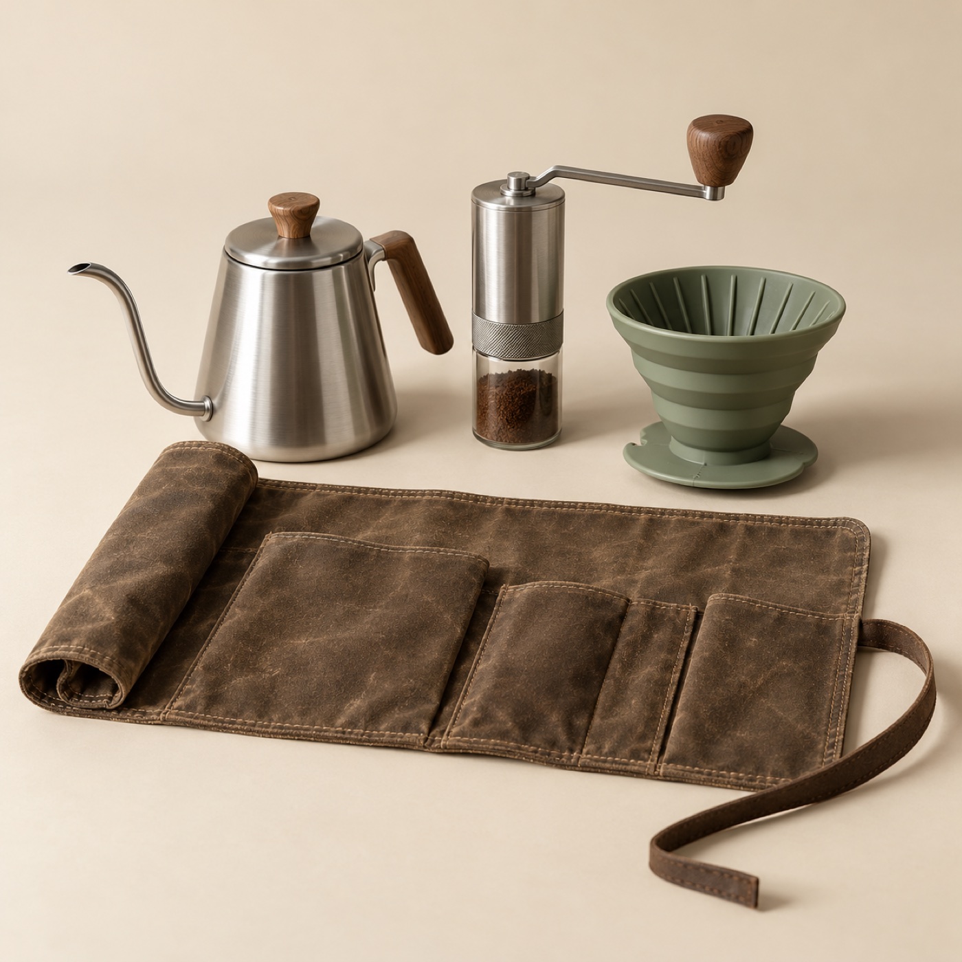 Fieldbrew pour-over coffee kit with gooseneck kettle and grinder