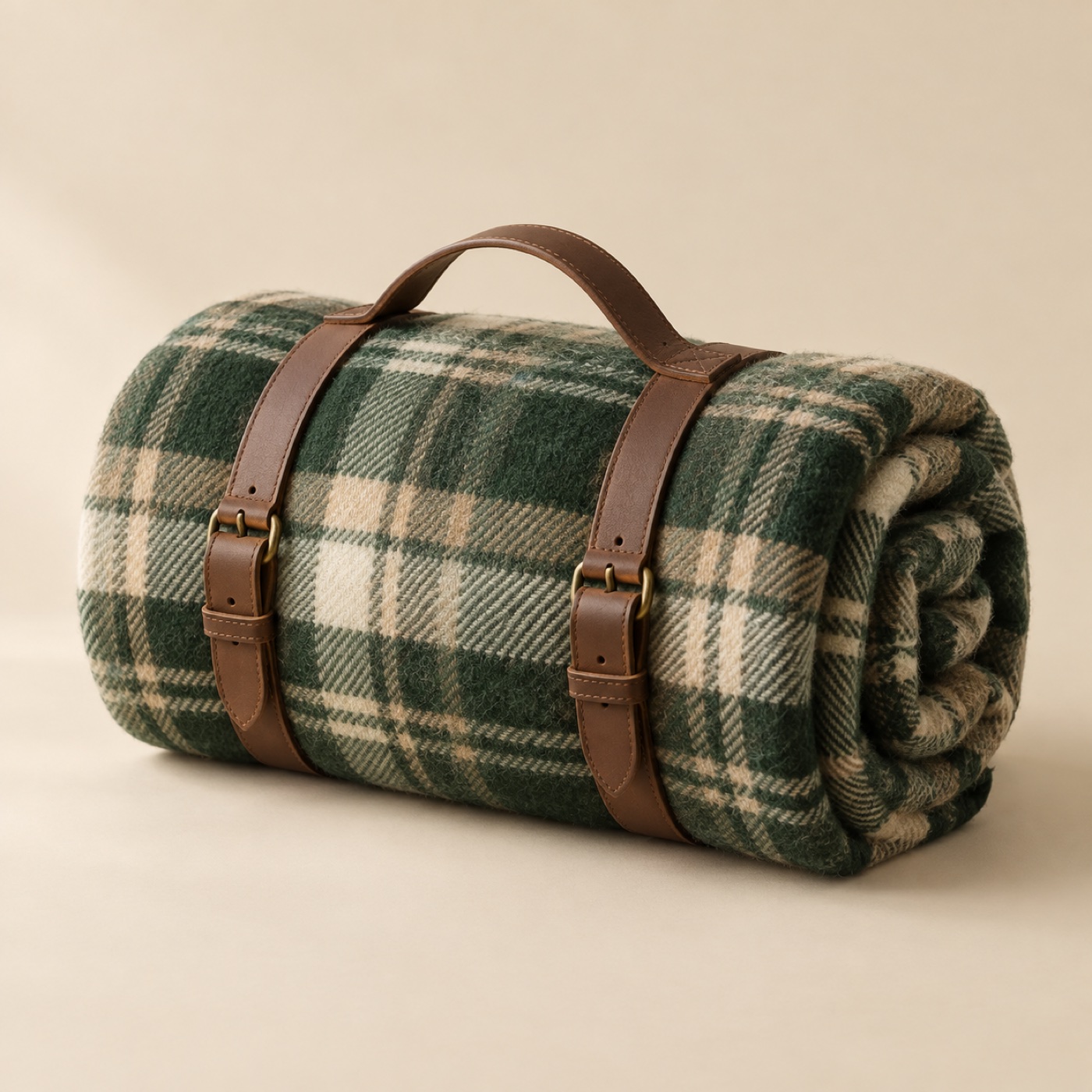 Highland wool camp blanket in green and sand tartan
