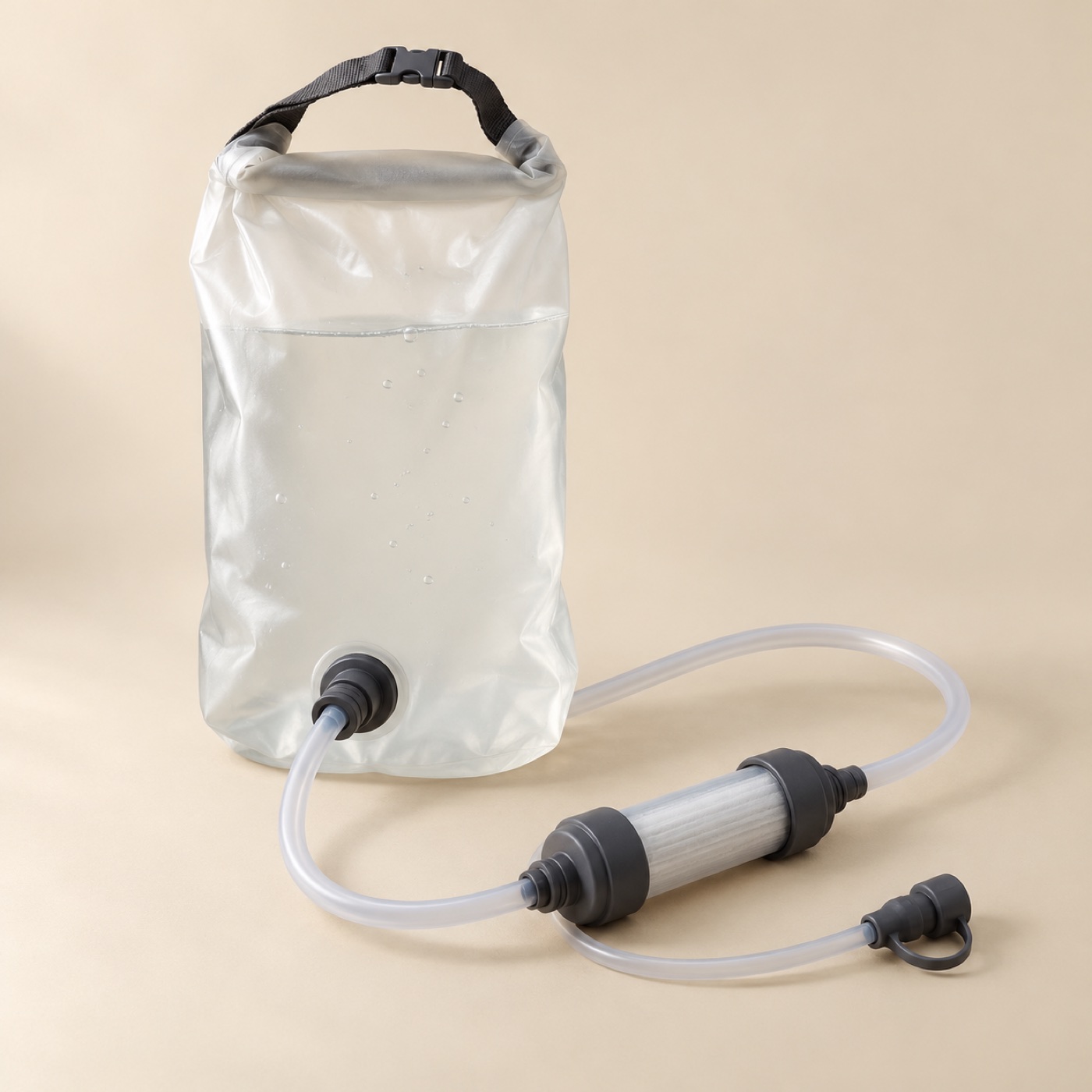 Stream gravity water filter with reservoir and hose